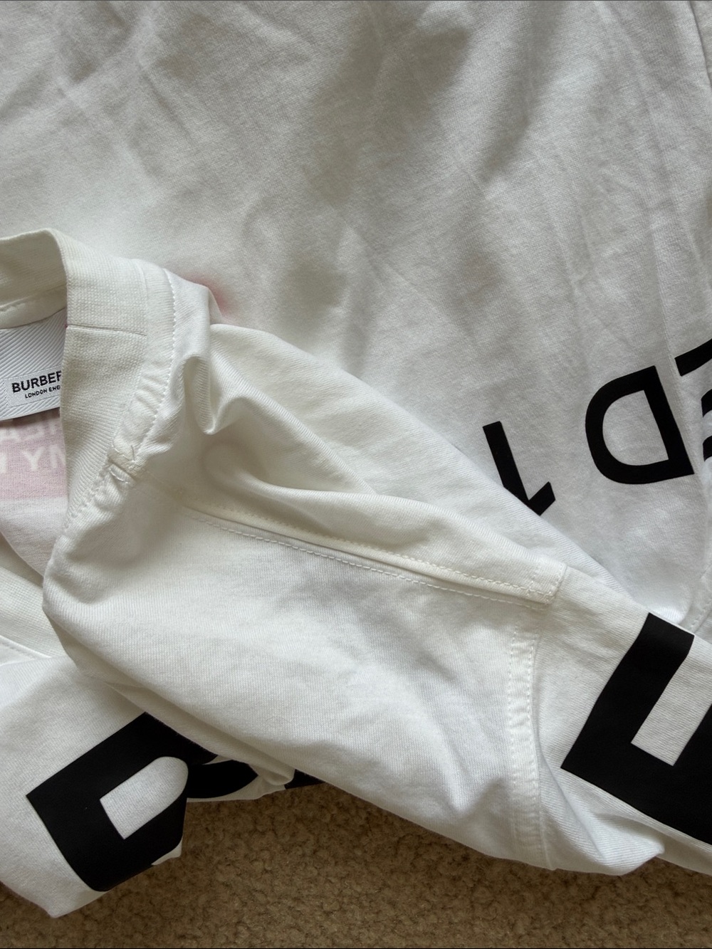 Burberry White Tee with Black & Red Graphic Text - Picture 5 of 5
